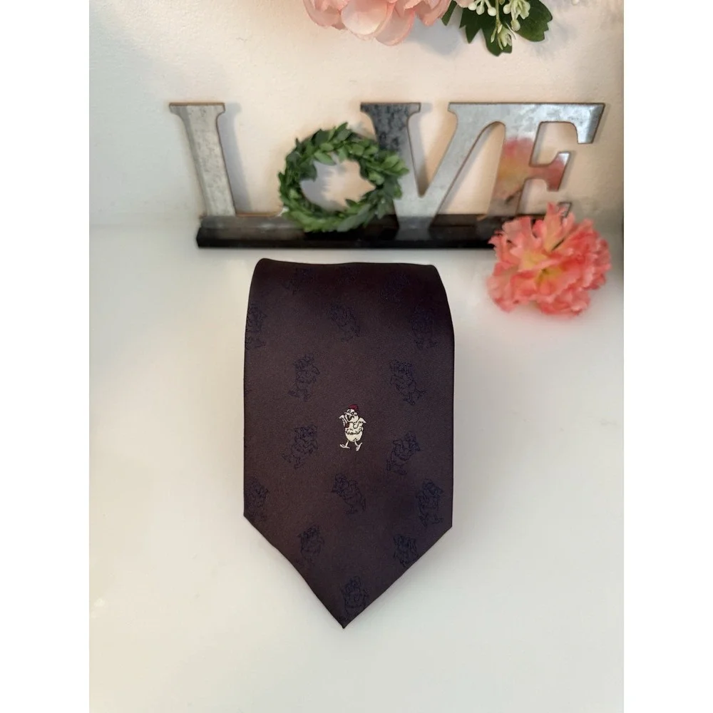 Yi Tang Silk Necktie Brown Logo Duck Through Out Hand Made Vintage 3.5